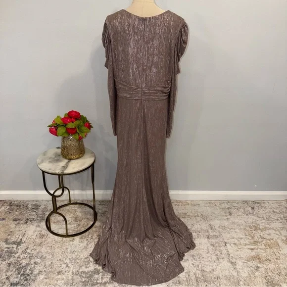 Mac Duggal 49503 Mauve Taupe Metallic Faux Wrap Draped Puff Sleeve Gown -Reemoly